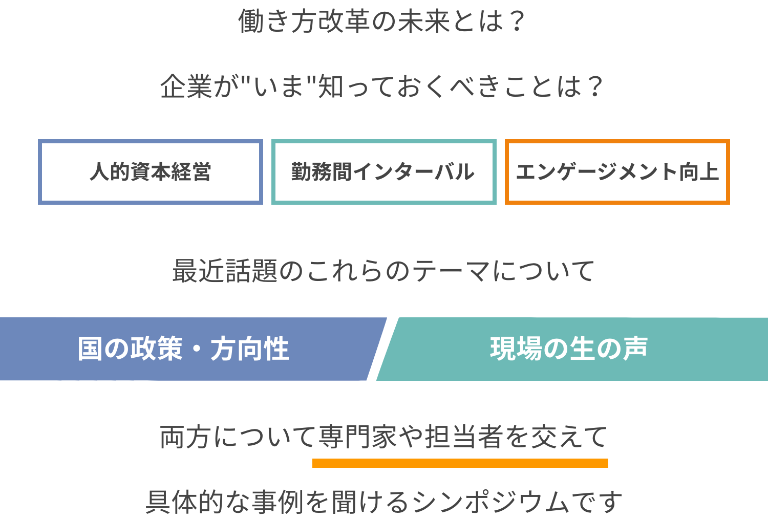 働き方改革の未来とは？企業がいま知っておくべきことは？人的資本経営、勤務間インターバル、エンゲージメント向上など最近話題のこれらのテーマについて、国の政策・方向性、現場の生の声の両方について専門家や担当者を交えて具体的な事例を聞けるシンポジウムです